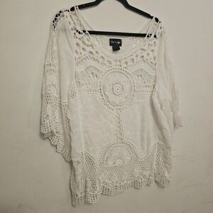 Step In Style Bohemian Crochet Tunic Top Size S Ivory 3/4 Sleeve Boho Chic Beach